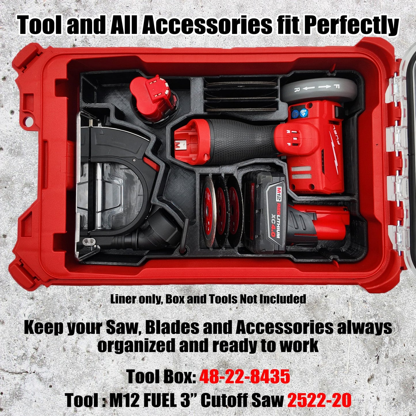 Pro Tool Innovations - M12 FUEL 3" Cut Off Tool Liner, Compact Packout Organizer Insert